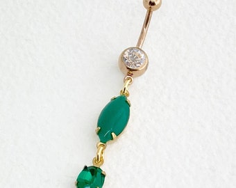 Green Belly Ring Gold Dangle Chain - long crystal belly ring, green navel piercing, chain belly ring, sexy bellybutton jewelry GREEN emerald