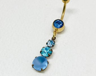 Blue Belly Ring Dangle - crystal belly ring, gold belly ring, teal aqua cute navel piercing, sexy bikini bellybutton jewelry