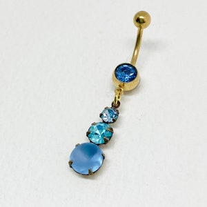 Blue Belly Ring Dangle - crystal belly ring, gold belly ring, teal aqua cute navel piercing, sexy bikini bellybutton jewelry