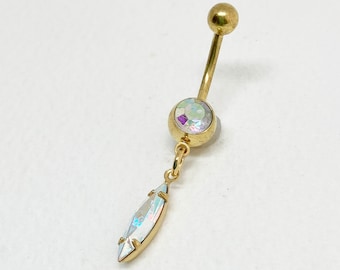 Gold AB Iridescent Dangle Belly Ring - crystal belly ring, dainty belly ring, navette navel piercing, Aurora Borealis vintage body jewelry