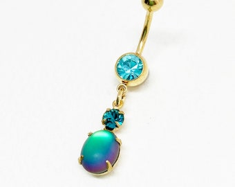 Gold Aqua Blue Dangle Belly Ring - crystal belly ring, Iridescent Green Blue Zircon, dainty belly ring, cute navel piercing TEAL FROST