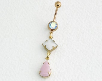 Pink Dangle Belly Button Ring - rose gold belly ring, rose quartz, dainty belly button ring, bellybutton piercing, teardrop vintage DIAMOND