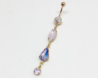 Rose Gold Lilac Pink Dangle Belly Ring - opal belly ring, amethyst crystal navel piercing, long purple AB iridescent, LAVENDER TEARDROP