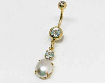 Pearl Belly Ring - pearl dangle belly ring, gold belly ring, crystal navel piercing, cute navel piercing, bellybutton jewelry