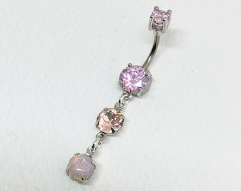 Pink Belly Ring Dangle Long Chain - crystal belly ring, silver belly ring, fire opal Y2k navel piercing, sexy bellybutton jewelry