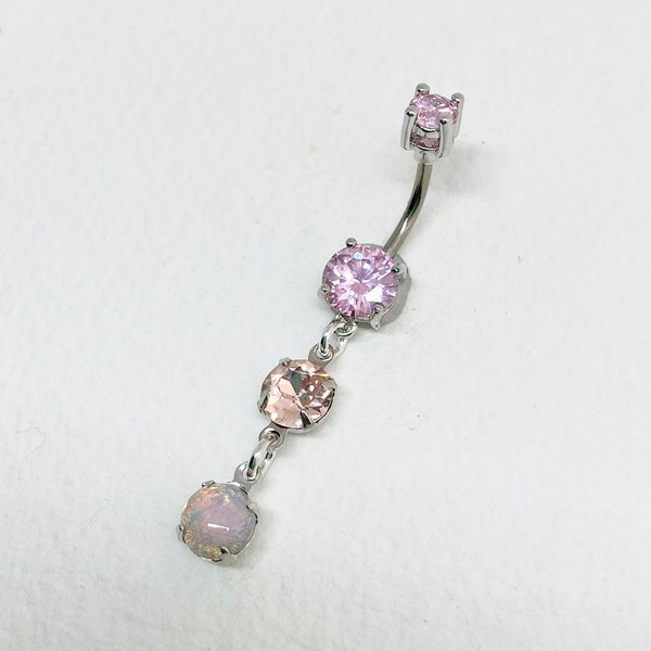 Pink Belly Ring Dangle Long Chain - crystal belly ring, silver belly ring, fire opal Y2k navel piercing, sexy bellybutton jewelry