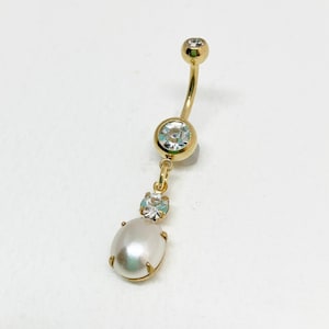 Pearl Belly Ring - pearl dangle belly ring, gold belly ring, crystal navel piercing, cute navel piercing, bellybutton jewelry