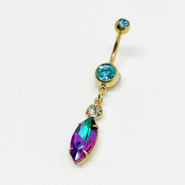 Gold Purple Blue AB Dangle Belly Ring - crystal belly ring, Iridescent Aurora Borealis VITRIAL, dainty belly ring, rainbow navel piercing