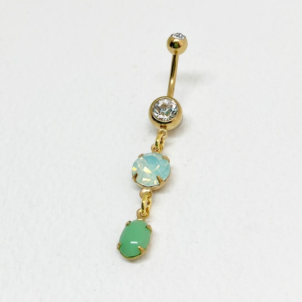 Gold MINT GREEN OPAL Dangle Belly Ring - opal belly ring, seafoam green crystal navel piercing, long Ab iridescent, bellybutton vintage