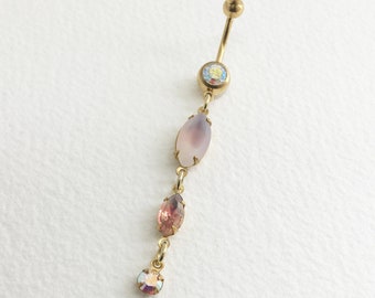 Gold Lilac Dangle Belly Ring - opal belly ring, peach amethyst crystal navel piercing, long purple AB iridescent, bellybutton lavender