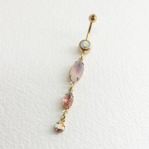 Gold Lilac Dangle Belly Ring - opal belly ring, peach amethyst crystal navel piercing, long purple AB iridescent, bellybutton lavender