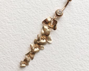 24k Orchid Belly Ring - rose gold dangle belly ring, long dainty belly button ring, floral flower, body jewelry, champagne piercing chain