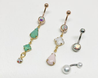 4 Pack Belly Bundle - Rose Gold Belly Ring Mint AB dangle - opal belly button ring, pink body jewelry for women, bikini navel piercing, boho