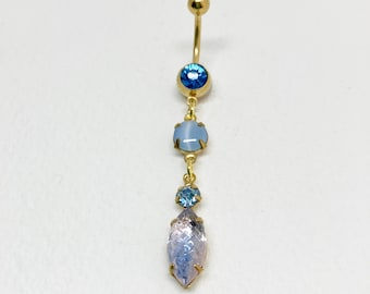 Gold Belly Ring - opal belly ring long, blue belly ring chain, lapis moonstone navel piercing, dainty dangle body jewelry,PERIWINKLE NAVETTE