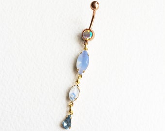 Rose Gold Belly Ring - opal belly ring long, blue belly ring chain, lapis crystal navel piercing,bellybutton, dainty dangle body jewelry