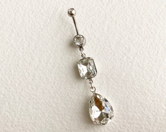 Large Crystal Dangle Belly Ring Silver - teardrop navel piercing, statement belly button jewelry, belly ring long, SCdrop square