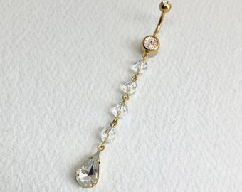 Gold Chain Belly Ring - dangle belly ring, long crystal belly ring, Belly button piercing, bellybutton navel body jewelry BEADED CHAIN