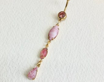 Long Pink Belly Ring - dangle belly ring, PINK GIVRE jewelry, gold belly ring, chain navel piercing, crystal body jewelry boho beach hippie