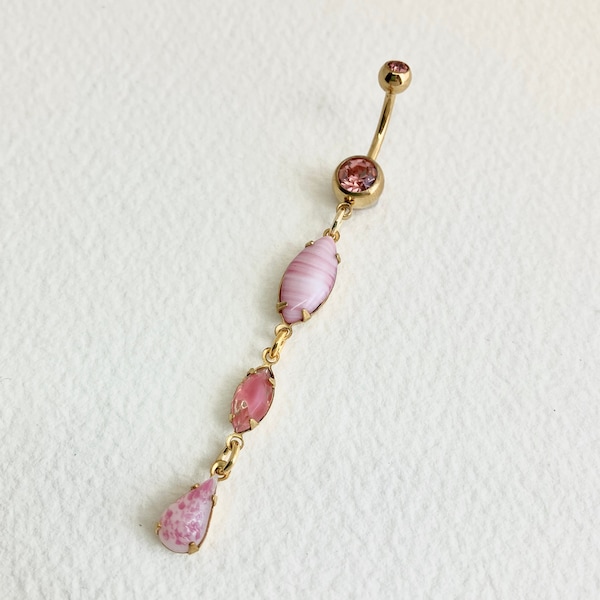 Long Pink Belly Ring - dangle belly ring, PINK GIVRE jewelry, gold belly ring, chain navel piercing, crystal body jewelry boho beach hippie