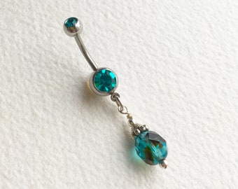 Blue Crystal belly ring teal navel piercing TURQUOISE glass crystal belly ring delicate Belly button ring silver cute dangle belly ring