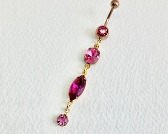 Pink Long Belly RIng Magenta - dangle belly ring, gold belly ring, rose gold navel piercing, body jewelry, sparkly belly ring HOT PINK