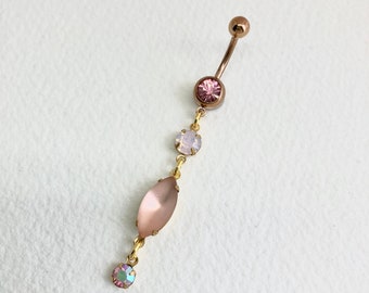 Rose Gold PEACH OPAL Dangle Belly Ring - opal belly ring, peach crystal navel piercing, long coral pink AB iridescent, bellybutton vintage