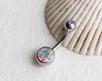 Cute Belly Ring - Y2k barbell silver belly button ring, surgical steel body jewelry silver navel bar piercing crystal belly IRIDESCENT AB