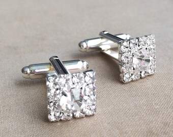 Wedding Cuff Links Silver Art Deco Cuff Link Mens Accessory Grooms Gift for Men Gift for Husband Fathers Day Crystal DECO SILVER SQUARE