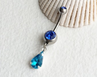 crystal belly ring, blue belly ring, SAPPHIRE,bellybutton ring, turquoise belly ring, Belly button ring,dangle belly ring, AQUA BLUE