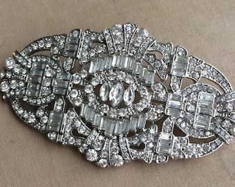 Art Deco Wedding Brooch Silver - large crystal brooch, bridal broach, vintage inspired brooch pin, jewelry, Great Gatsby bustle bride