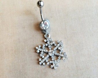 Snowflake Belly button ring - winter jewelry, dangle belly ring, cute christmas gift her, stocking stuffer, winter wedding, rhinestone