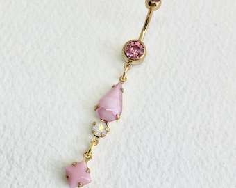 Pink Gold Long Belly RIng Dangle Opal - gold navel piercing, rose quartz teardrop, opal belly ring, body jewelry, dainty belly ring, GPGdrop