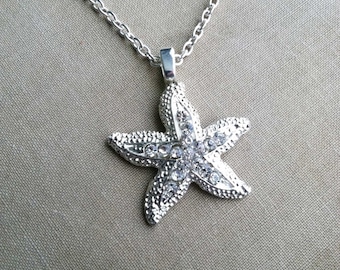 Beach Wedding Necklace Silver Plated - starfish necklace, beach wedding jewelry, ocean lover gift, nautical bridal bridesmaid gift