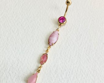Long Pink Belly Ring - dangle belly ring, PINK GIVRE jewelry, gold belly ring, chain navel piercing, crystal body jewelry boho beach hippie