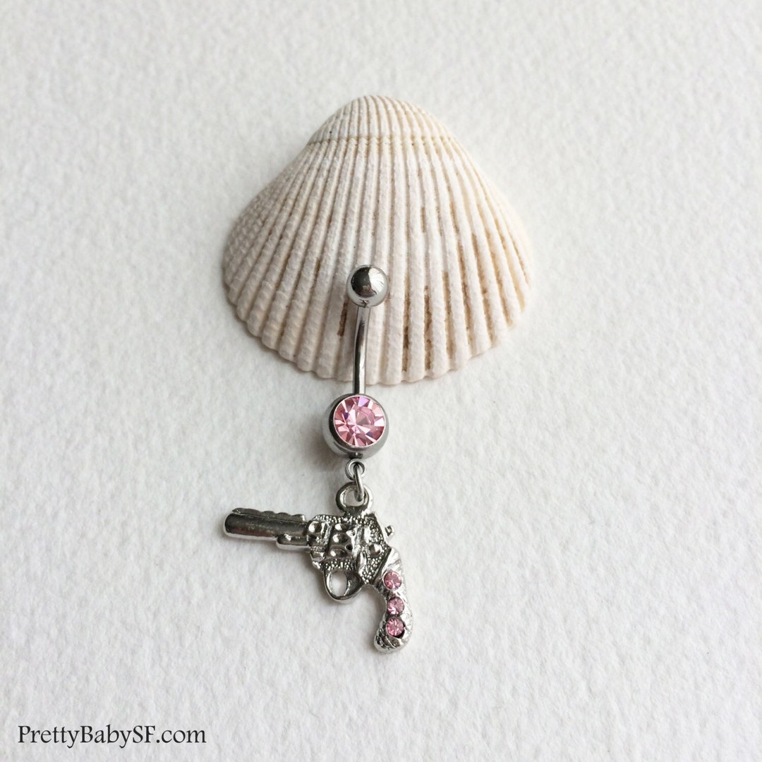 Gun Belly Ring Cute Pink Belly Ring, Dangle Belly Ring, Crystal Y2K