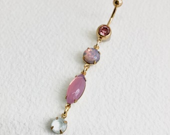 Gold PINK FIRE OPAL Dangle Belly Ring - opal belly ring, pink belly ring, long chain navel piercing, vintage crystal body jewelry boho beach