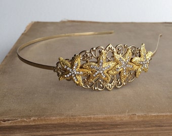 beach wedding headband, Beach wedding headpiece, starfish headband,hair piece Beach Wedding hair accessories, rhinestone GOLD