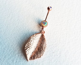 rose gold belly ring,leaf, gold, Belly button ring, bellybutton ring, body jewelry,  piercing PBBE-LEAF-RAB