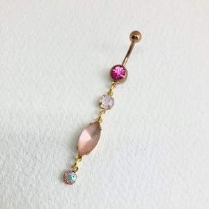 Rose Gold PEACH OPAL Dangle Belly Ring - opal belly ring, peach crystal navel piercing, long coral pink AB iridescent, bellybutton vintage
