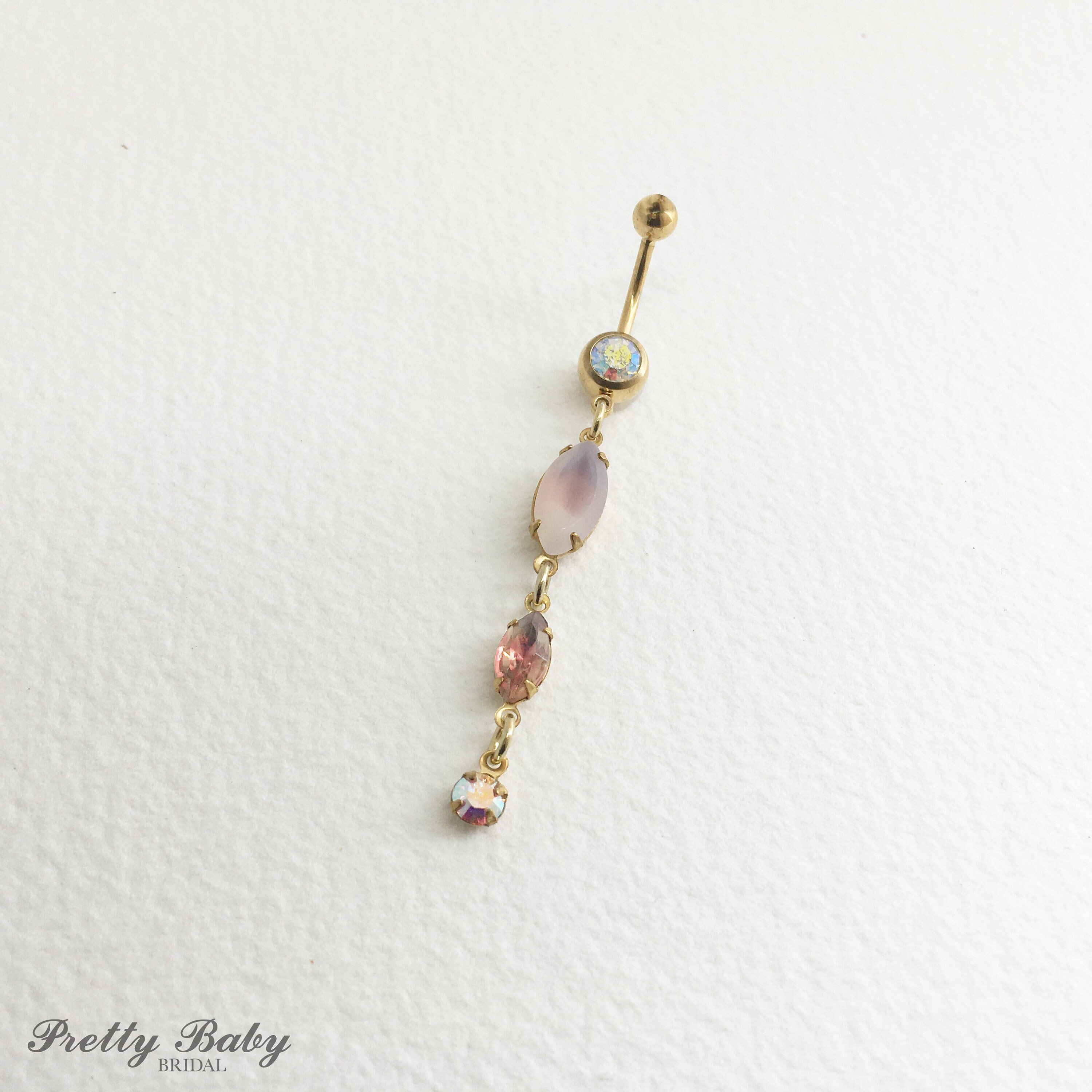Gold Lilac Dangle Belly Ring - opal belly ring, peach amethyst crystal navel piercing, long purple AB iridescent, bellybutton lavender