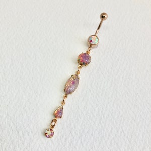 FIRE OPAL LONG Dangle Belly Ring - opal belly ring, gold pink long belly ring, chain navel piercing, vintage crystal body jewelry boho beach