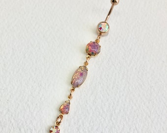 FIRE OPAL LONG Dangle Belly Ring - opal belly ring, gold pink long belly ring, chain navel piercing, vintage crystal body jewelry boho beach