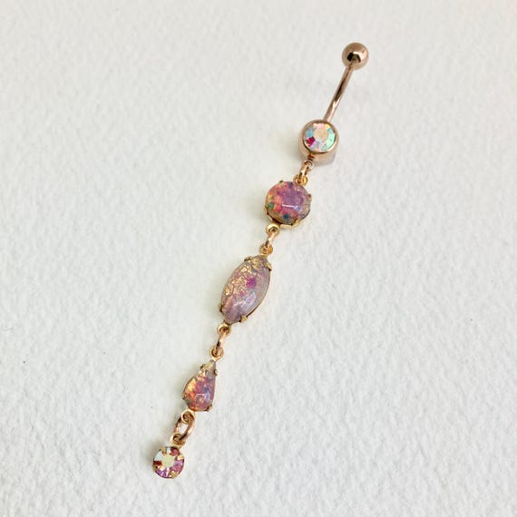 FIRE OPAL LONG Dangle Belly Ring - opal belly ring, gold pink long belly ring, chain navel piercing, vintage crystal body jewelry boho beach