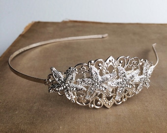 Beach Wedding Headband Silver Starfish Tiara Beach Wedding Headpiece Beach Wedding Headpiece Ocean Art Deco Hair Accessory Mermaid