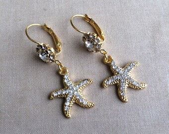 Starfish Earrings Beach Wedding Gold - starfish shell dangle chandelier earrings jewelry bridesmaid gift glam Art Deco beach bridal