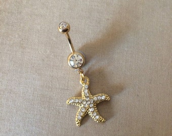 Gold Starfish Belly Button Ring - gold belly ring, crystal belly ring, beach wedding jewelry, crystal belly ring, dangle belly ring