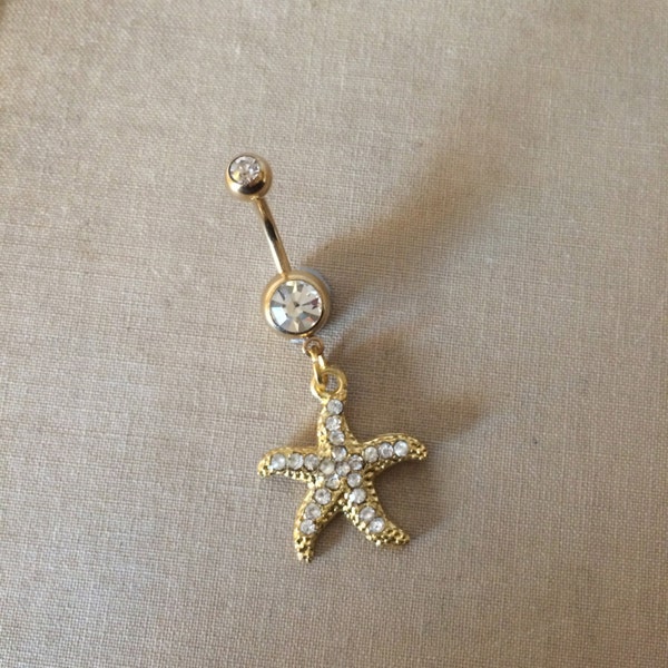 Gold Starfish Belly Button Ring - gold belly ring, crystal belly ring, beach wedding jewelry, crystal belly ring, dangle belly ring