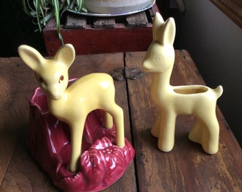 Shawnee Yellow Deer Planters 2 Deer by Stump and Mini Deer Planter