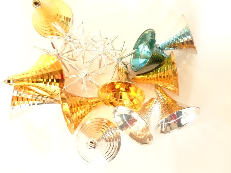 Vintage Christmas Atomic Bells Gold and Silver NOS and Small Sputniks Silver 17 Ornaments