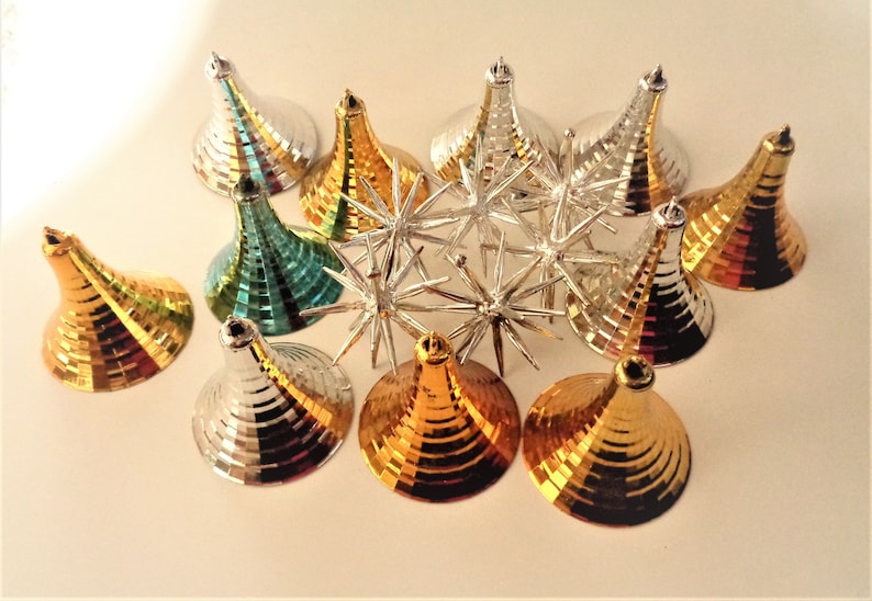 Vintage Christmas Atomic Bells Gold and Silver NOS and Small Sputniks Silver 17 Ornaments